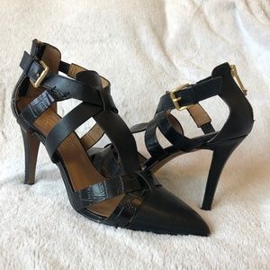 SOLD Jessica Simpson black leather, buckled sandal heel